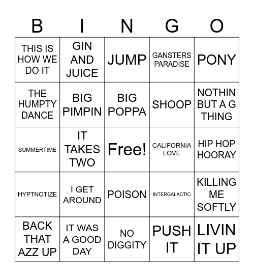 90'S HIP HOP Bingo Card