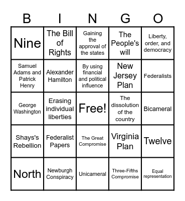 Writing the Constitution Bingo Card