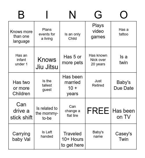 Benavides Baby Shower Bingo Card