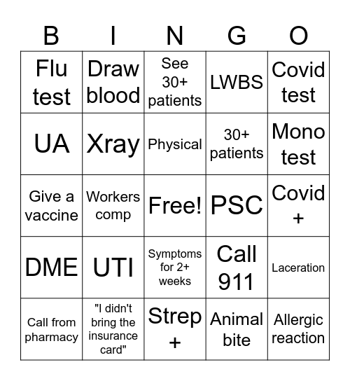 Urgent Care Bingo Card