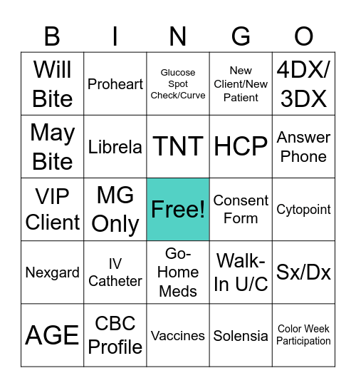 Vet Clinic Bingo Card