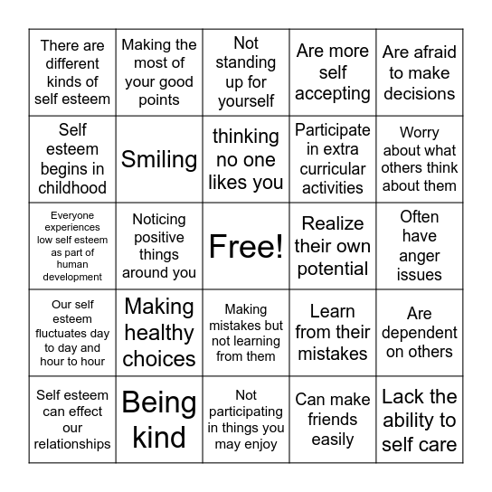 SELF ESTEEM BINGO Card