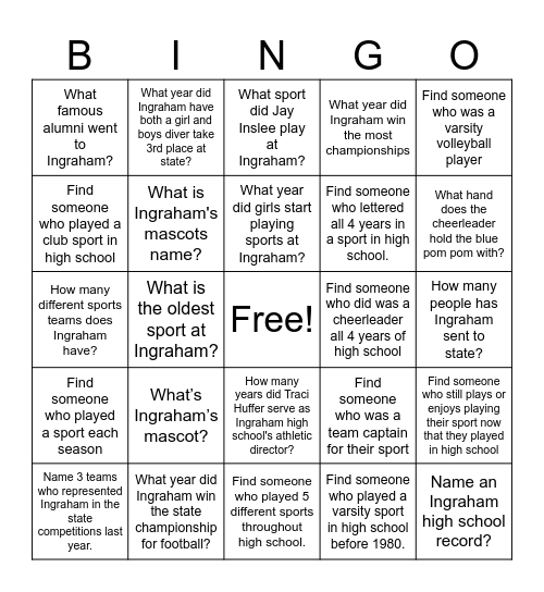 Ingraham Athletics Bingo! Bingo Card