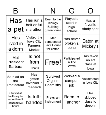 BUMP BINGO Card