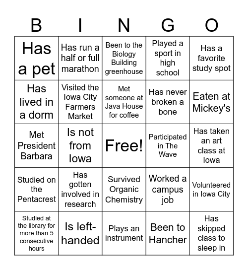 BUMP BINGO Card