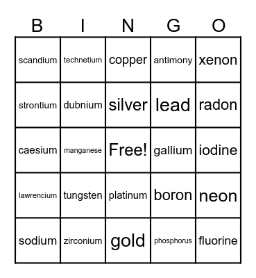 Periodic Table Bingo Card