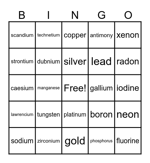 Periodic Table Bingo Card