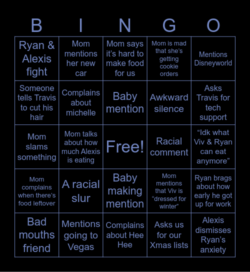 Family Dinner Bingo Card