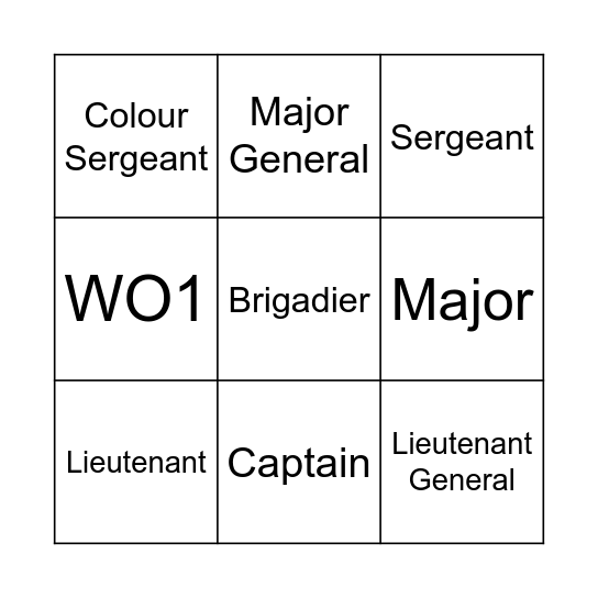 Army Ranks Bingo Card