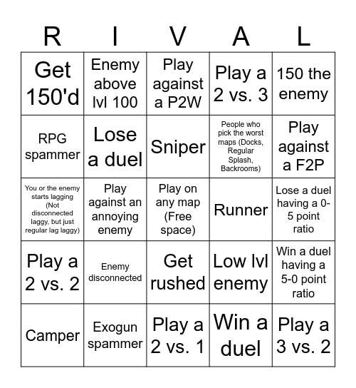 Roblox Rivals Bingo Card