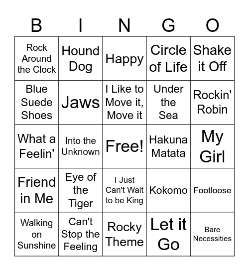 Name That Tune Bingo Card