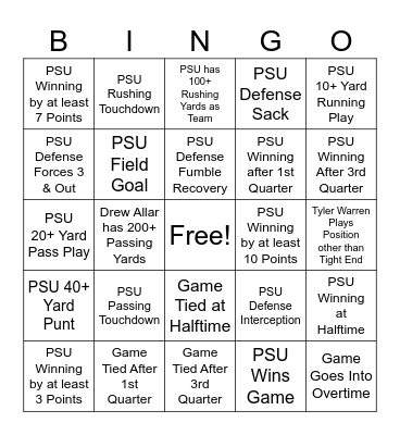PSU - USC Football Bingo Card