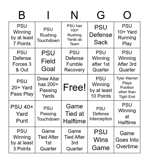 PSU - USC Football Bingo Card