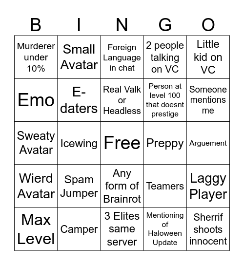 murder mystery 2 Bingo Card