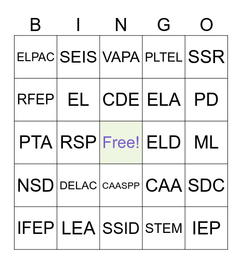 EL Acronyms Bingo Card