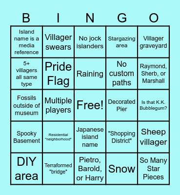 Dream Island Bingo Card