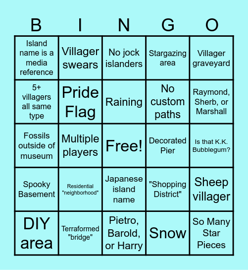 Dream Island Bingo Card