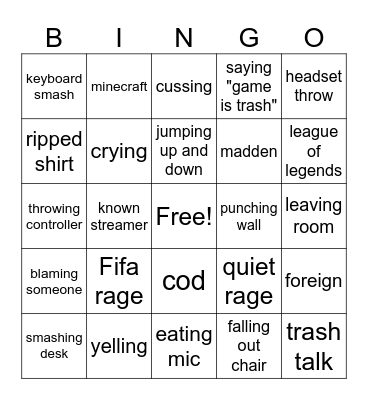 gamer rage Bingo Card