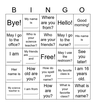 Greetings & School Vocabulary Bingo Card