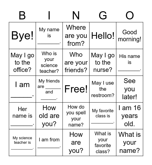 Greetings & School Vocabulary Bingo Card