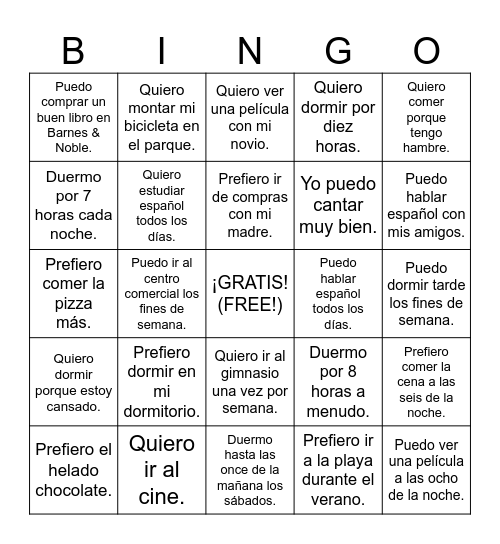 SPA 2 - Verbos de botas y interrogativas Bingo Card