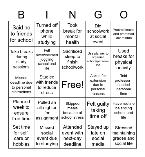 School-Life Balance Bingo Card