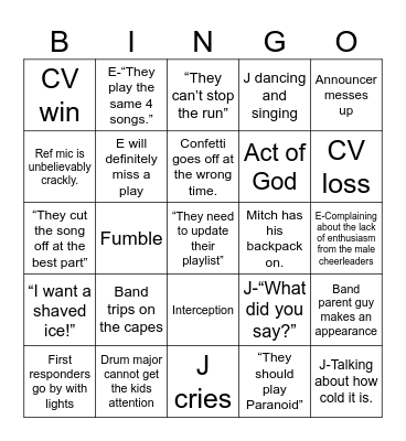 Nate Football Game Bingo Card