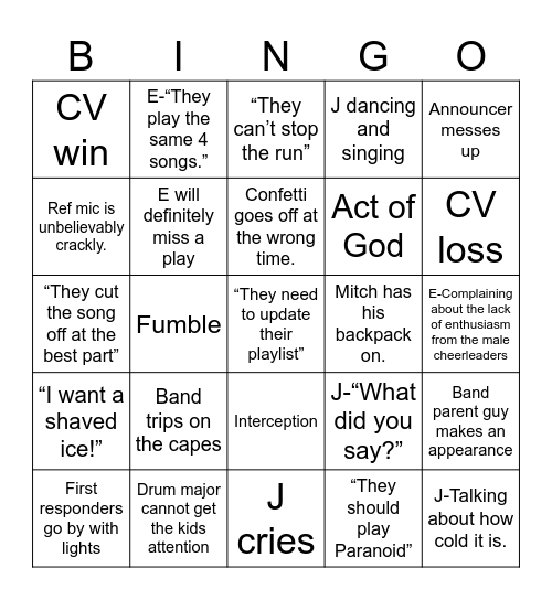 Nate Football Game Bingo Card