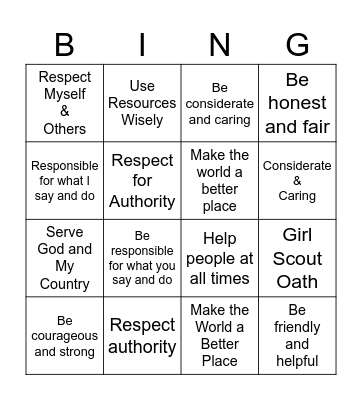 Girl Scout Oath and Law Bingo Card