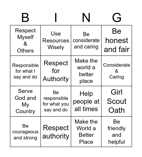 Girl Scout Oath and Law Bingo Card