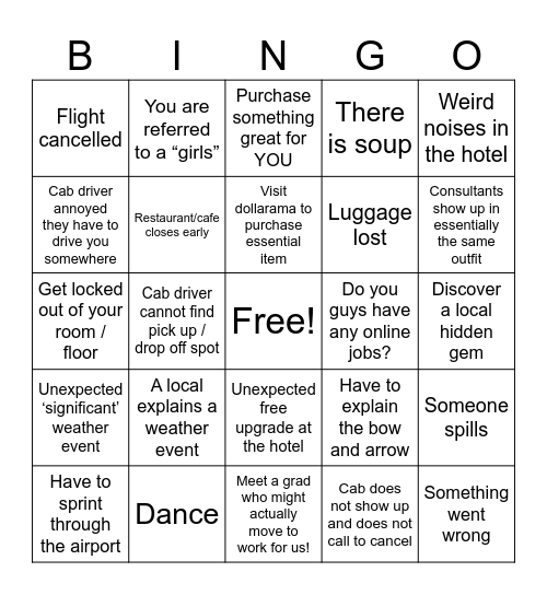 Recruiting Travel Bingo Card