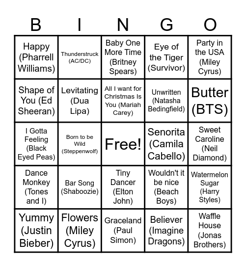 Thanksgiving Family Music Bingo Card