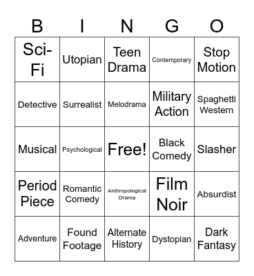 Pixie and Christian's movie genre bingo Card