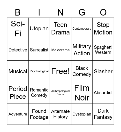 Pixie and Christian's movie genre bingo Card