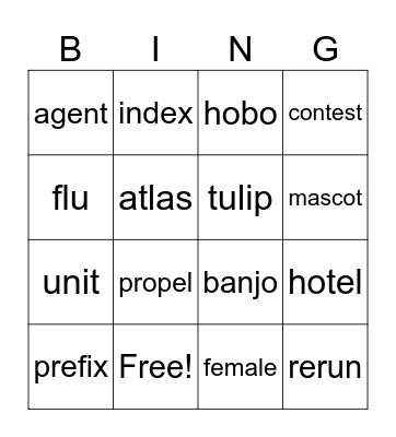 Open and Closed syllable Bingo Card