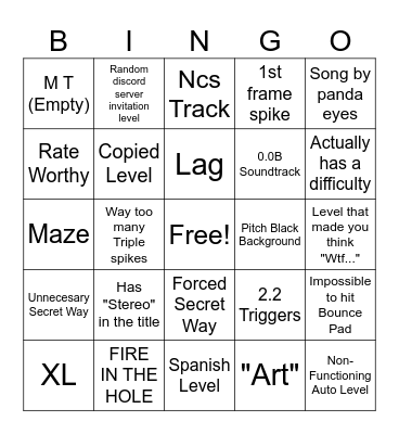 Geometry Dash 2.2 Recent tab Bingo Card