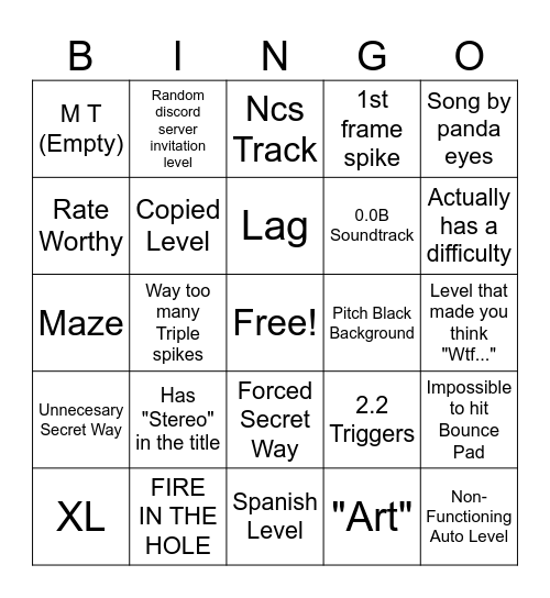 Geometry Dash 2.2 Recent tab Bingo Card