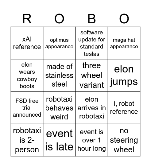 robotaxi event bingo Card