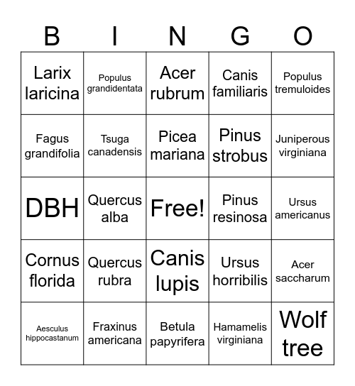 Tree & Animal Sci Name Bingo Card