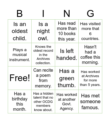 Archives OCDG Team Bingo Card