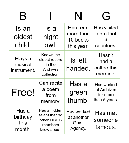 Archives OCDG Team Bingo Card