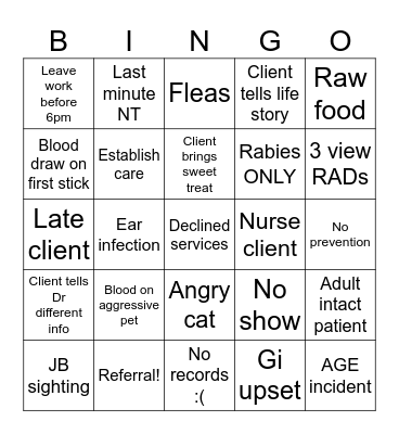 Vet Tech Bingo Card