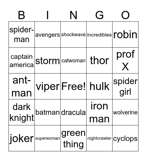 Super Heroes Bingo Card