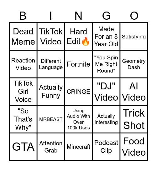 YouTube Shorts Bingo Card