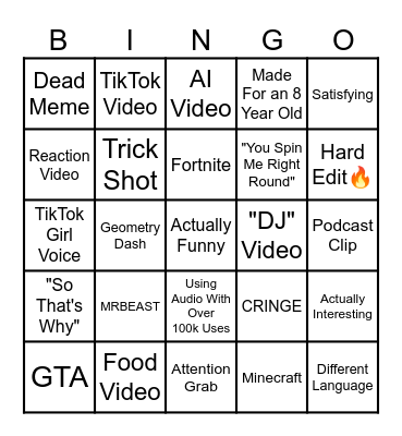 YouTube Shorts Bingo Card