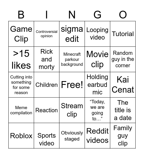 YouTube shorts Bingo Card