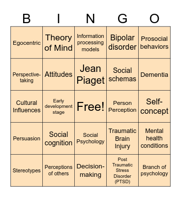 Social Cognition Bingo Card