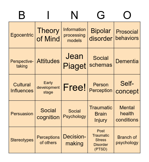 Social Cognition Bingo Card