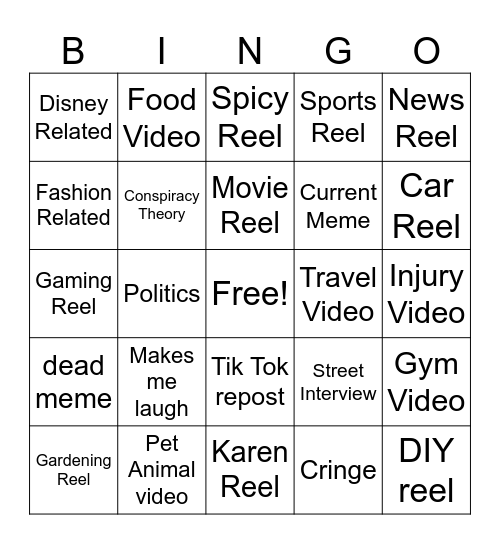 Instagram Bingo Card