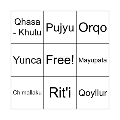 Quechua Bingo Card